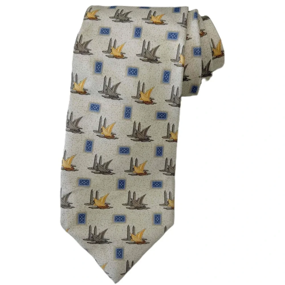 Burberry Size M Tie‎ Silk Sailboats Printed Pattern Multicolor 3.5